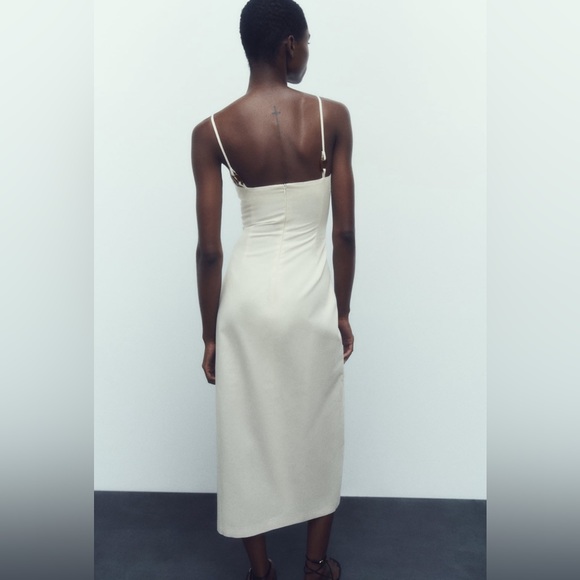 New with Tags Zara White Linen Blend Ruched Midi Dress with Slit Size S - Picture 6 of 11